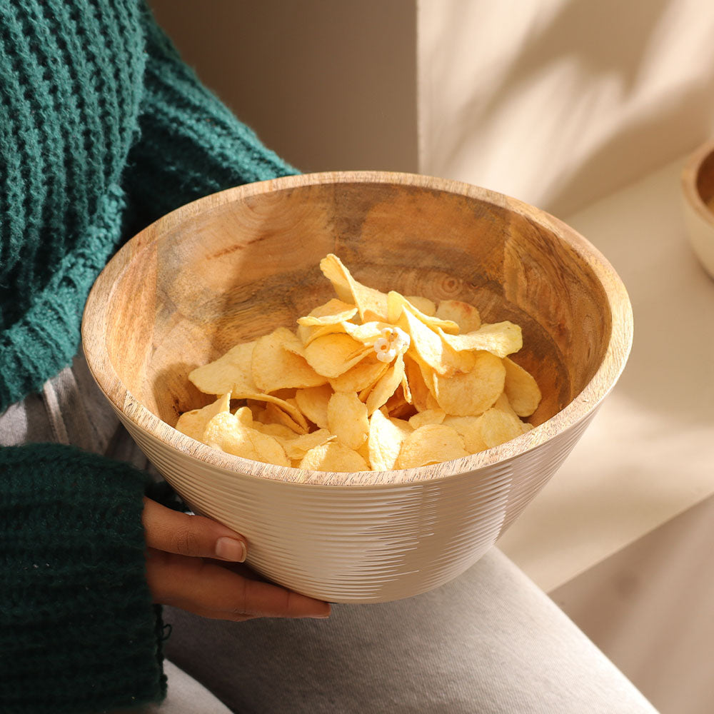 Riko Mango Wood Tapered Ribbed Bowl Large - Cream