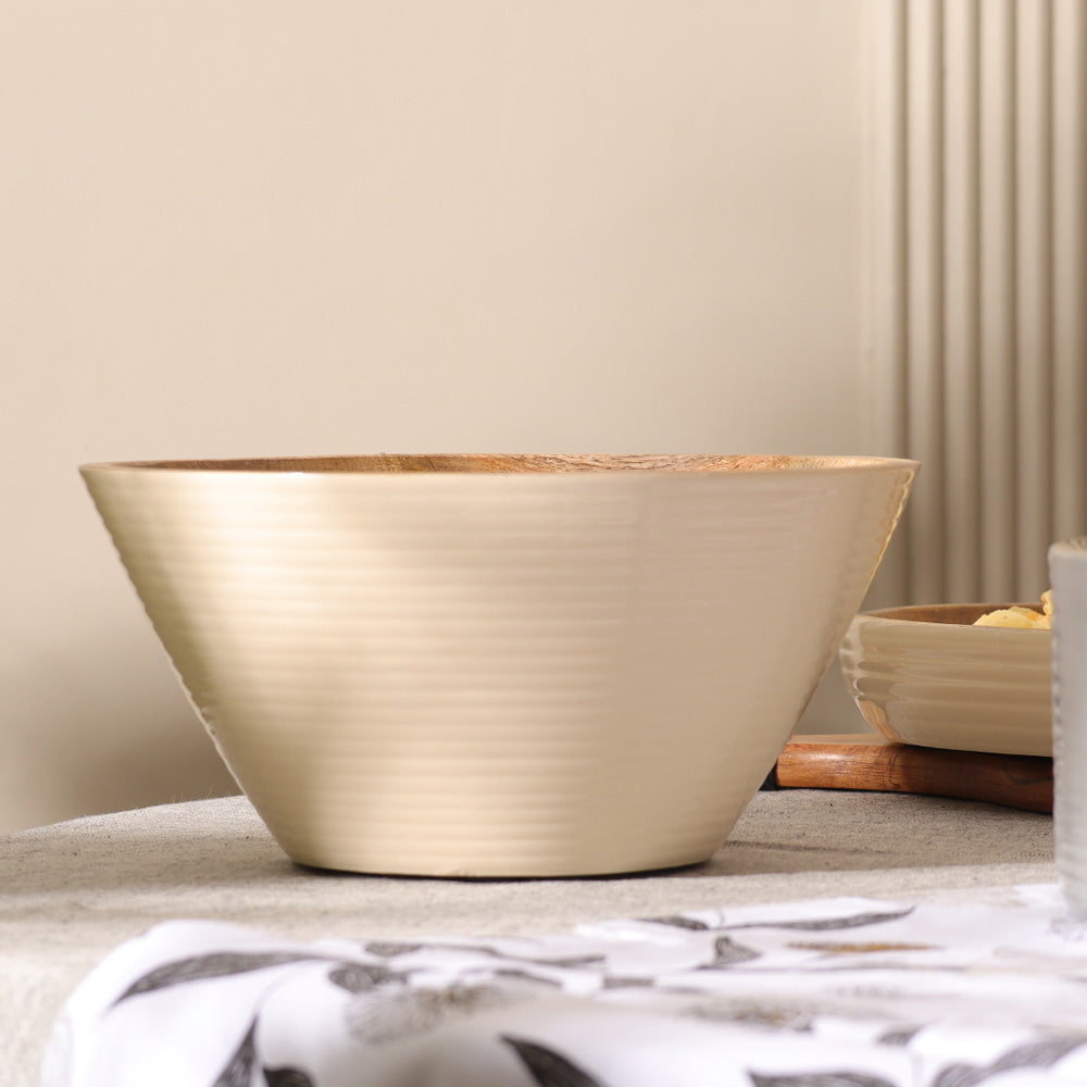Riko Mango Wood Tapered Ribbed Bowl Large - Cream