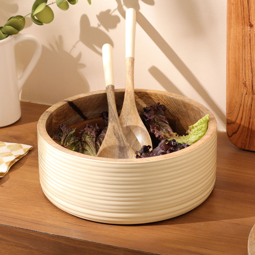 ESQ Living Riko Mango Wood Ribbed Bowl Large - Cream