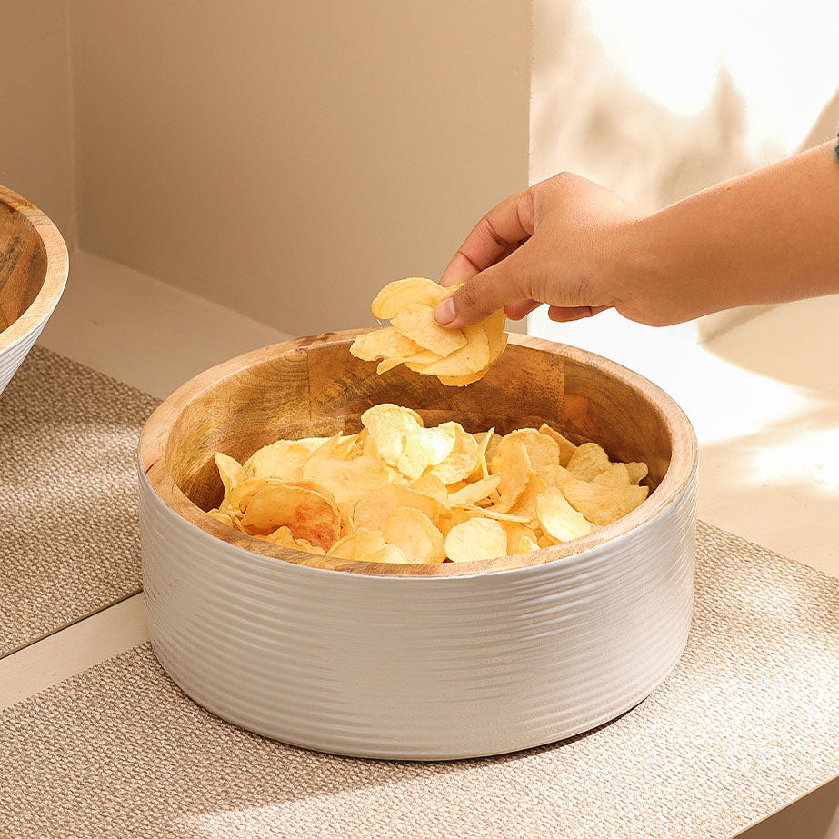 Riko Mango Wood Ribbed Bowl Large - Periwinkle