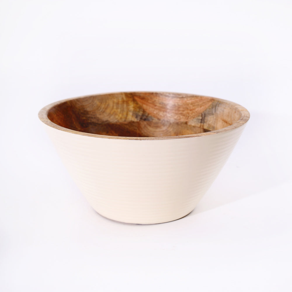 Riko Mango Wood Tapered Ribbed Bowl Large - Cream