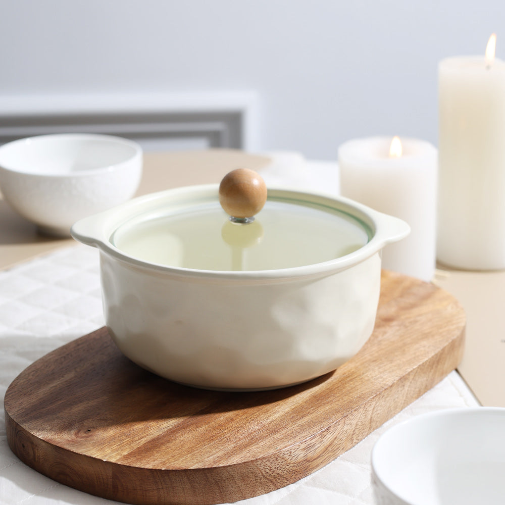 Roja Ceramic Serving Pot with Glass Lid - Ivory