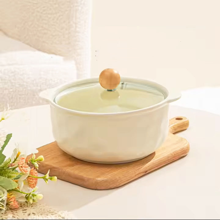Roja Ceramic Serving Pot with Glass Lid - Ivory