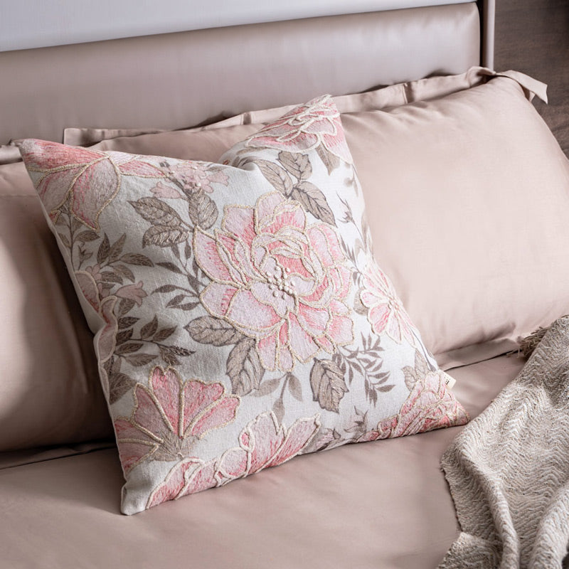 Rosa Embroidered Cushion Cover - Ivory Pink