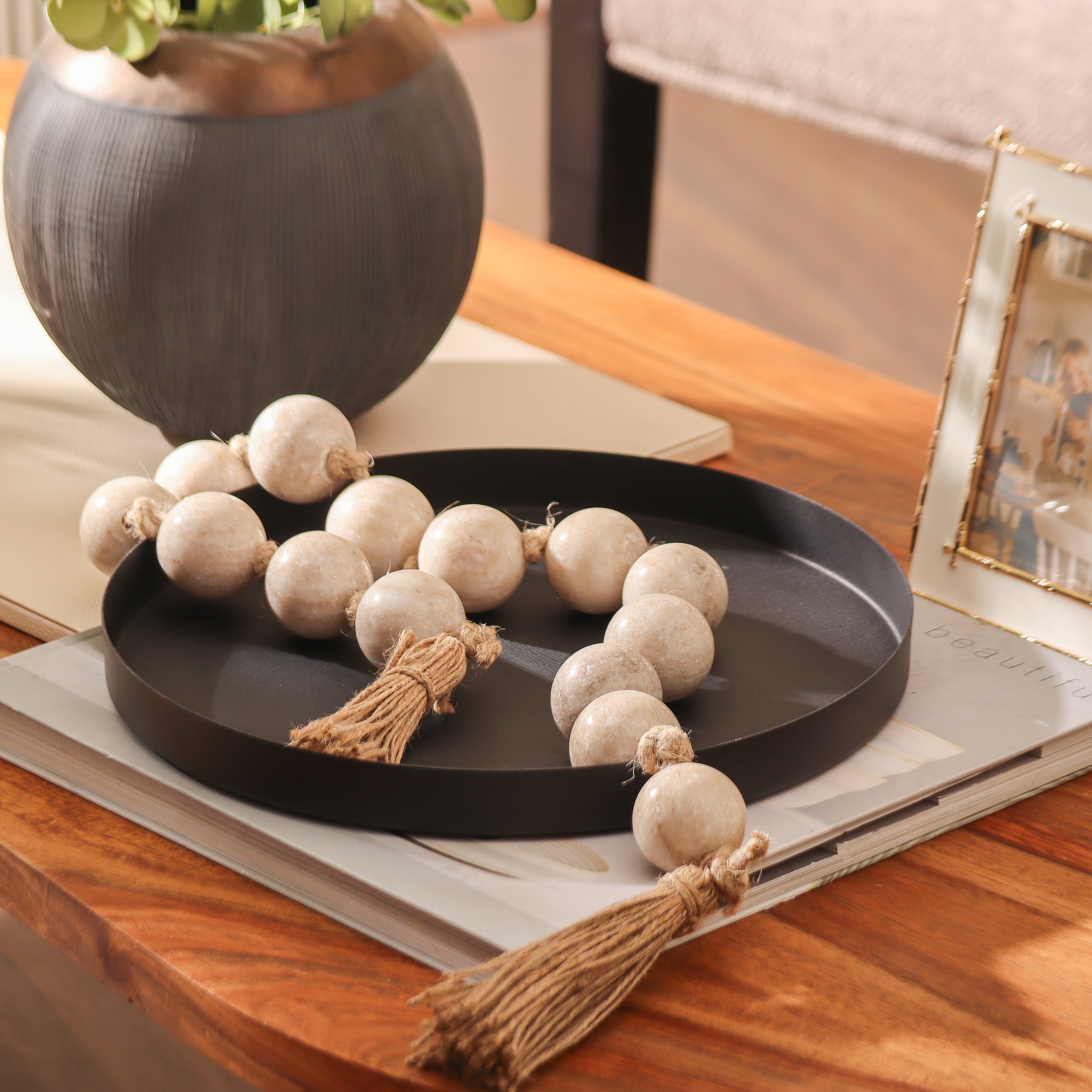 Rosario Marble Beads Sculpture  - Beige Natural