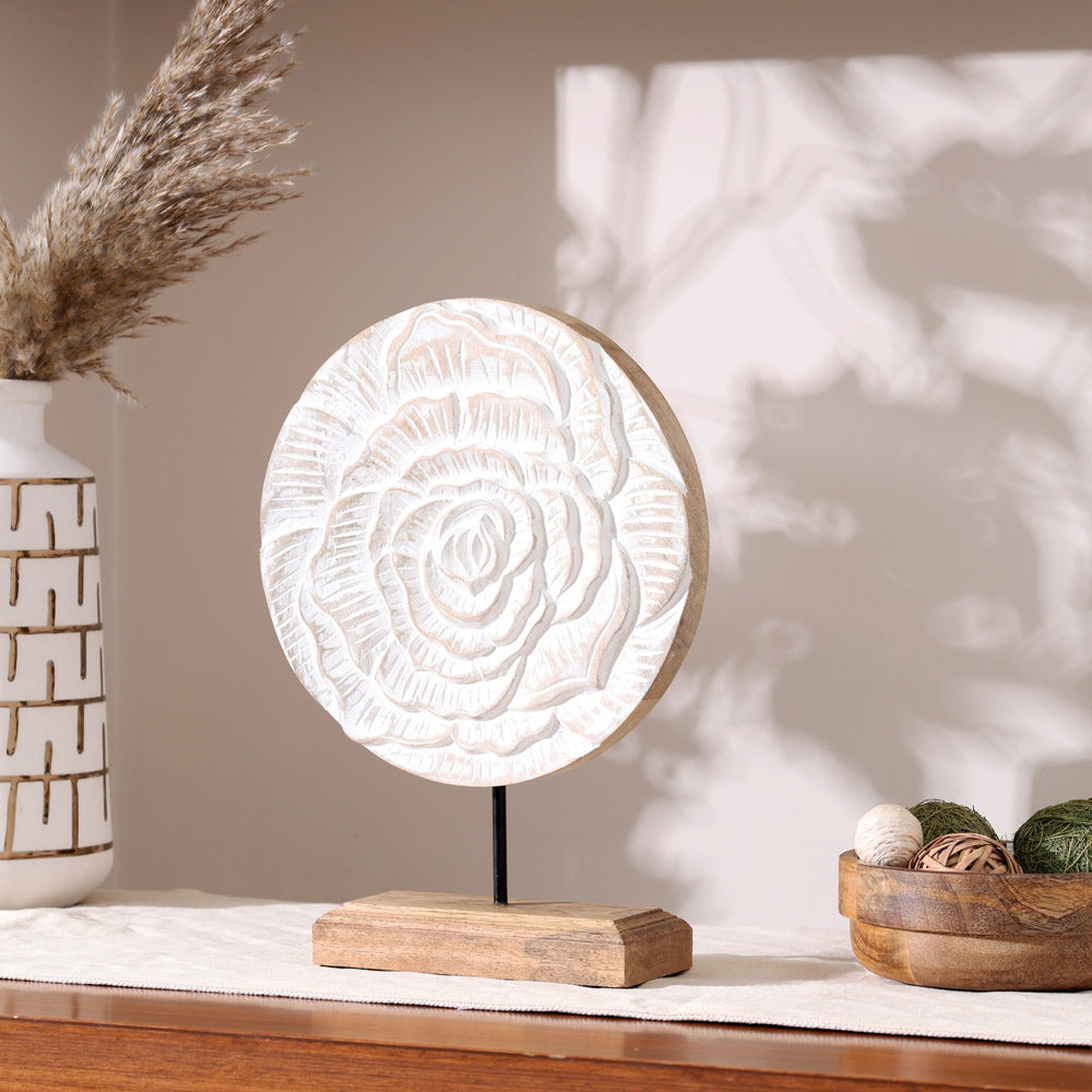 Rose Carved Wooden Sculpture - Vintage White