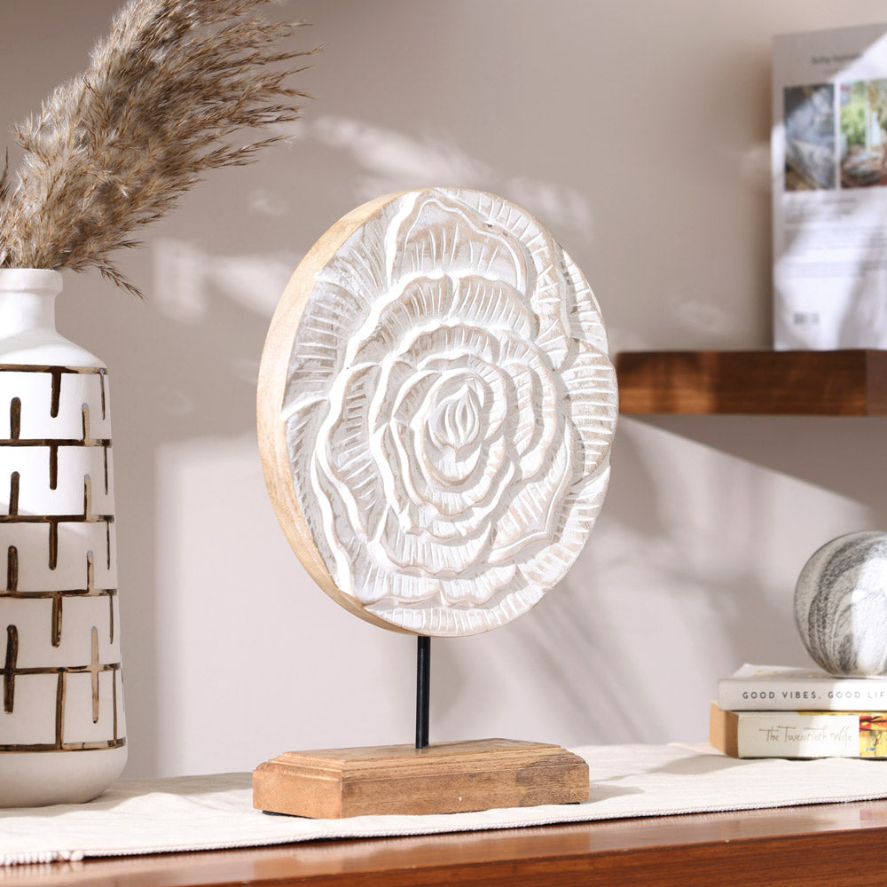 Rose Carved Wooden Sculpture - Vintage White