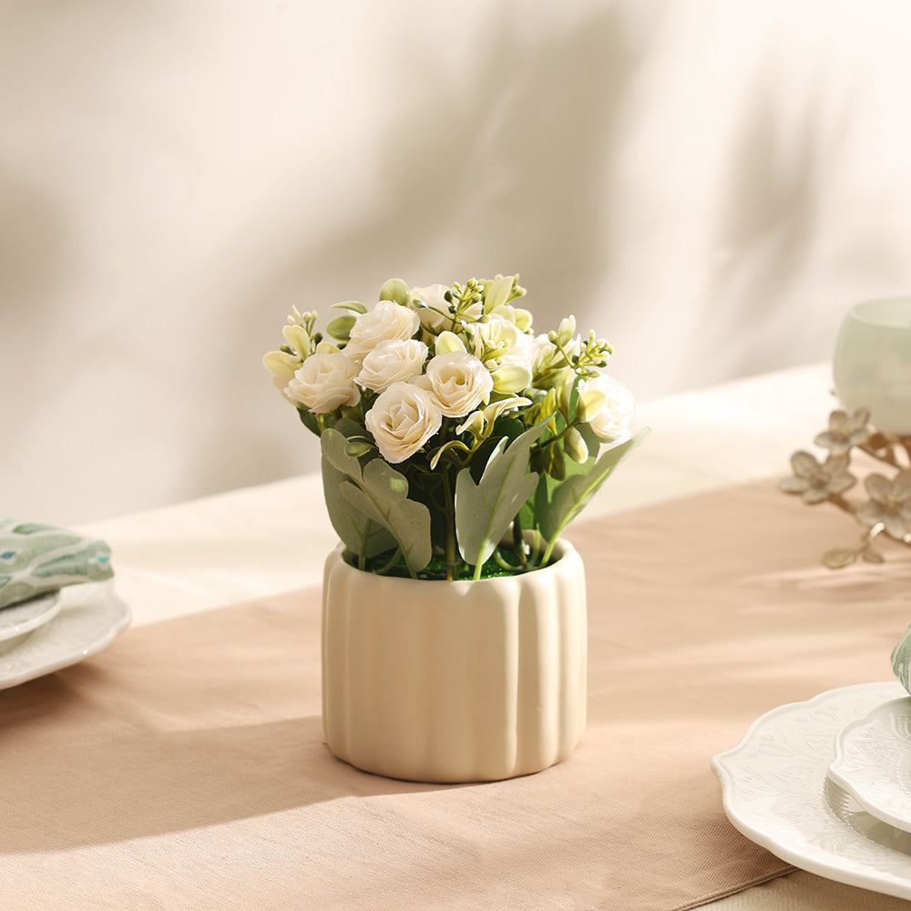 Rosebuds Artificial Potted Plant - White Cream