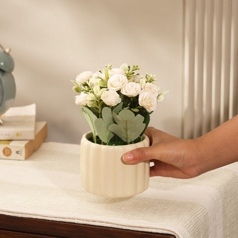Rosebuds Artificial Potted Plant - White Cream