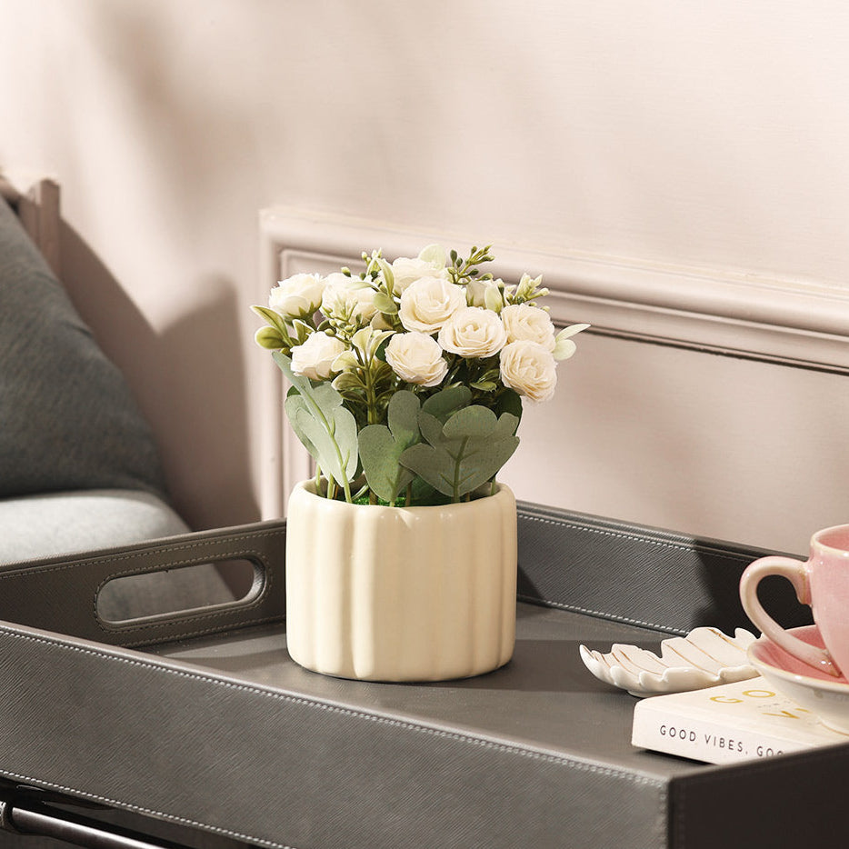 Rosebuds Artificial Potted Plant - White Cream