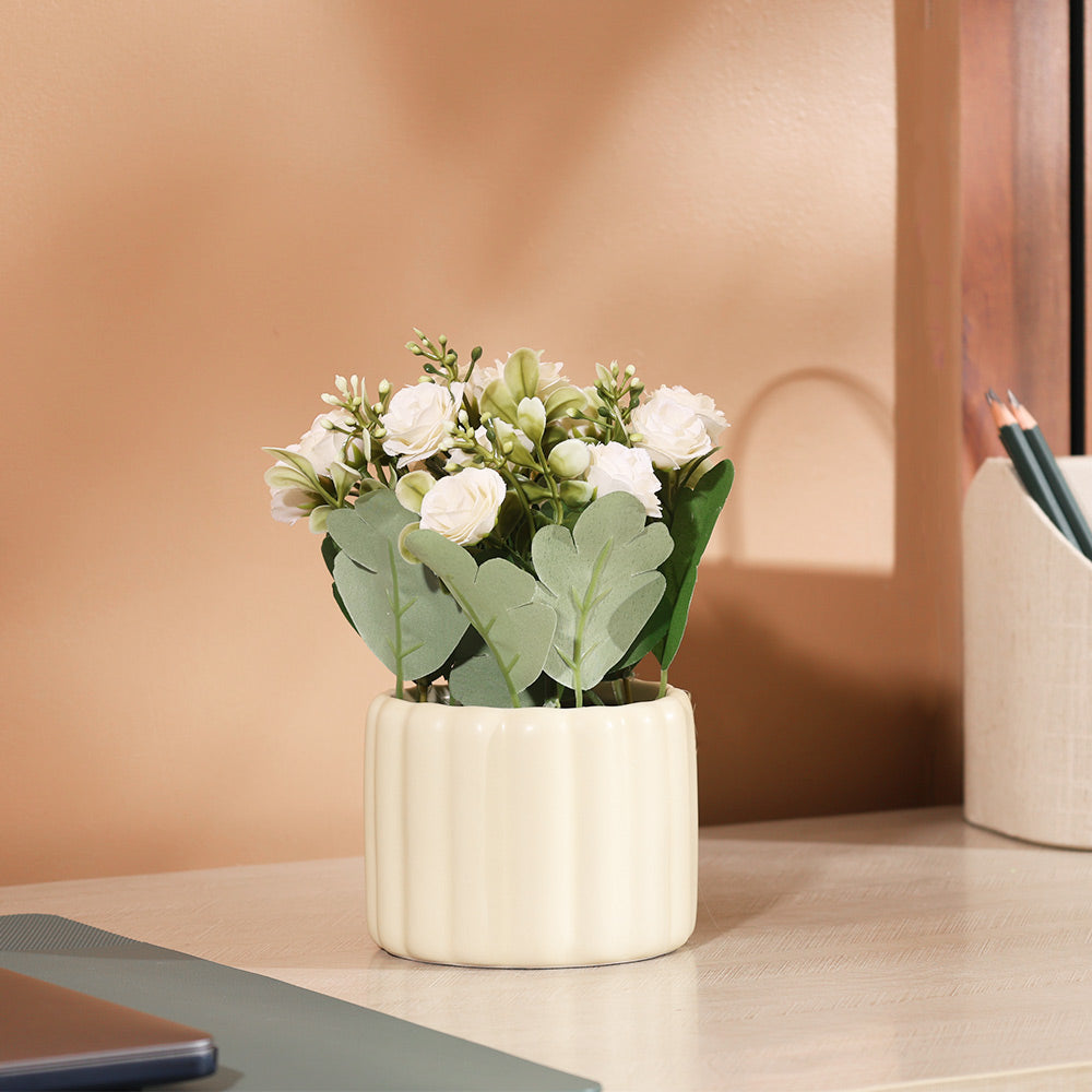 Rosebuds Artificial Potted Plant - White Cream