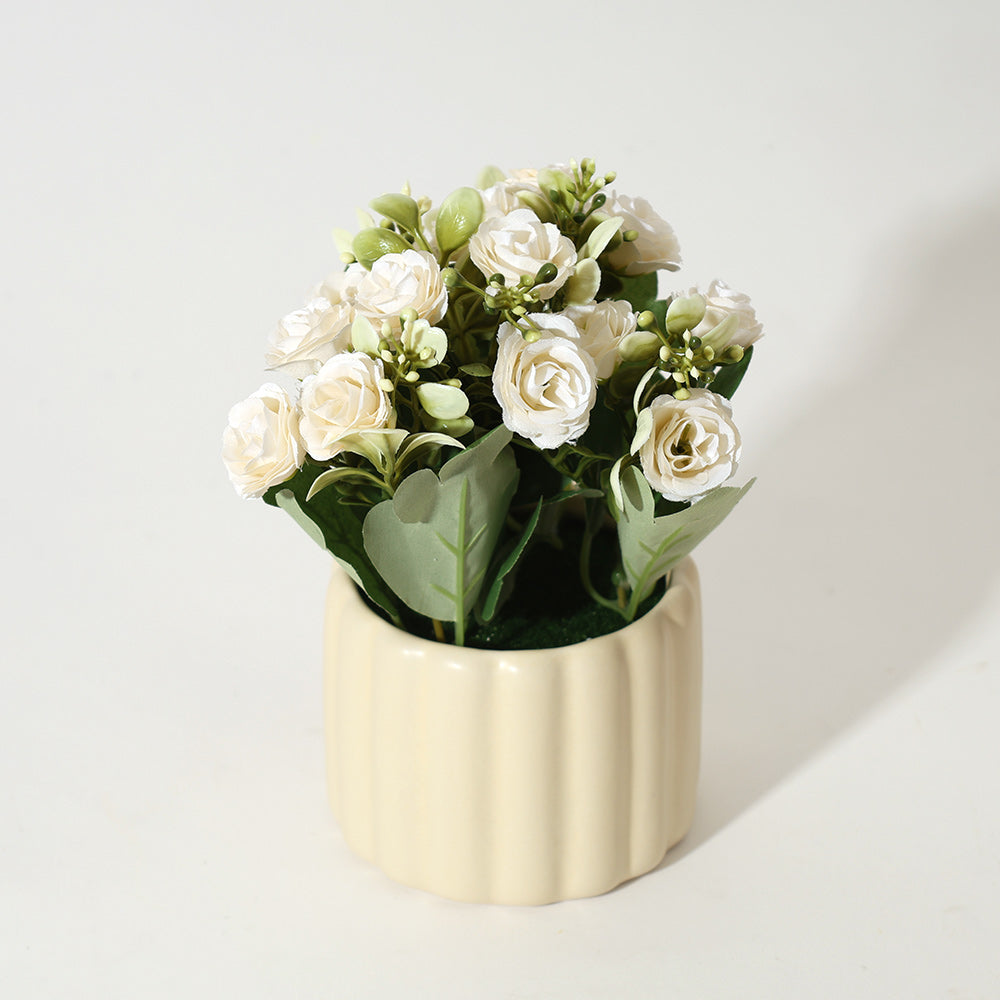 Rosebuds Artificial Potted Plant - White Cream