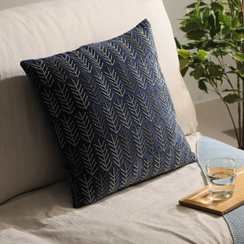 Rosemary Velvet Beaded Cushion Cover - Navy Blue