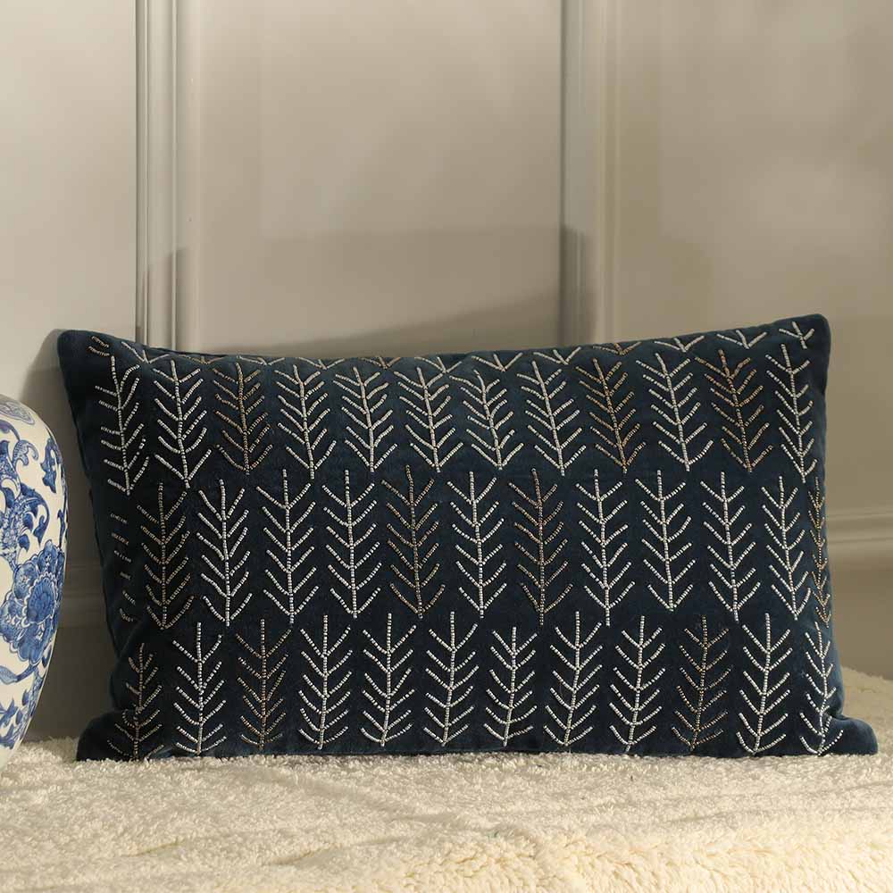 Rosemary Velvet Beaded Rectangular Cushion Cover 50x30cm - Navy Blue