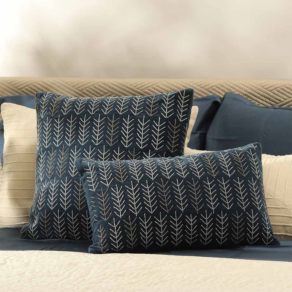 Rosemary Velvet Beaded Rectangular Cushion Cover 50x30cm - Navy Blue