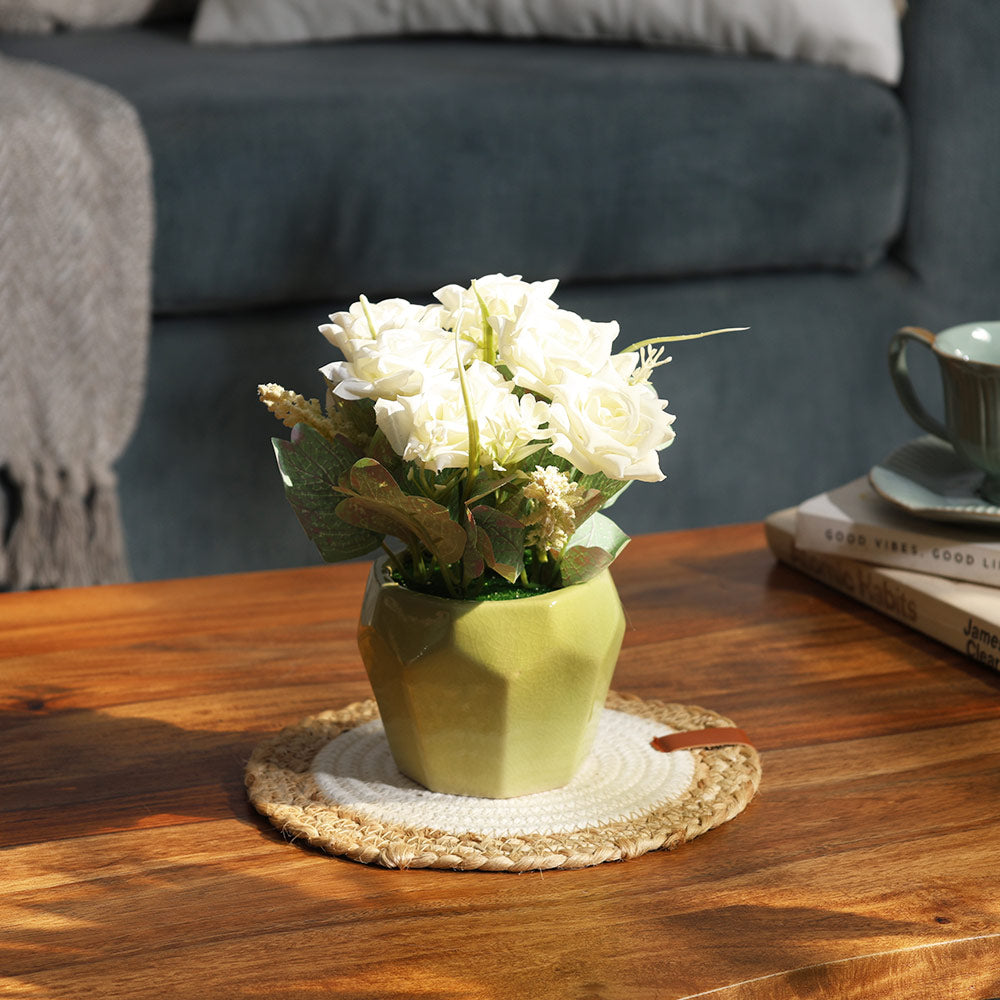 Roses Artificial Potted Plant - White Yellow