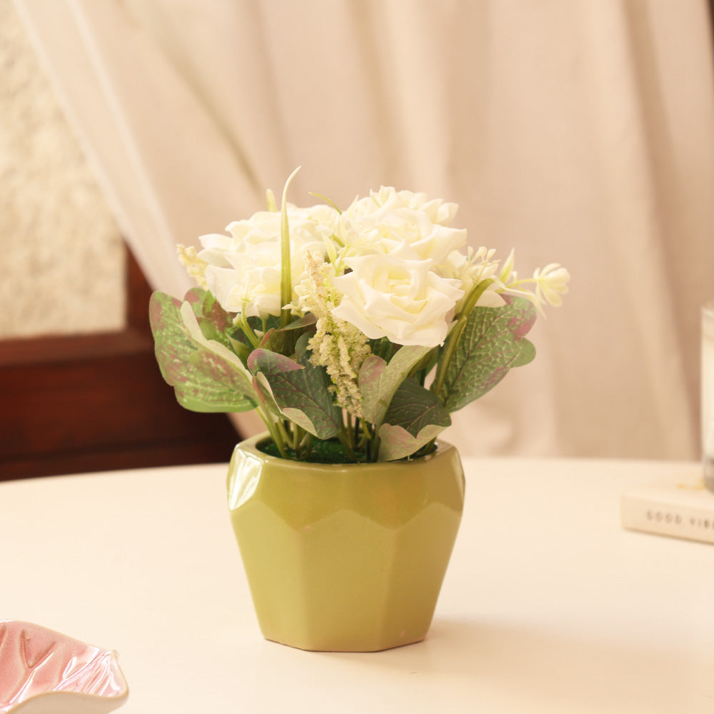 Roses Artificial Potted Plant - White Yellow