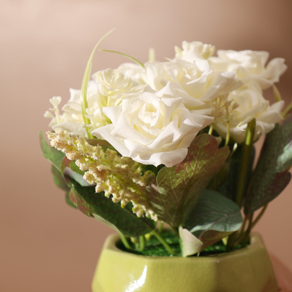 Roses Artificial Potted Plant - White Yellow