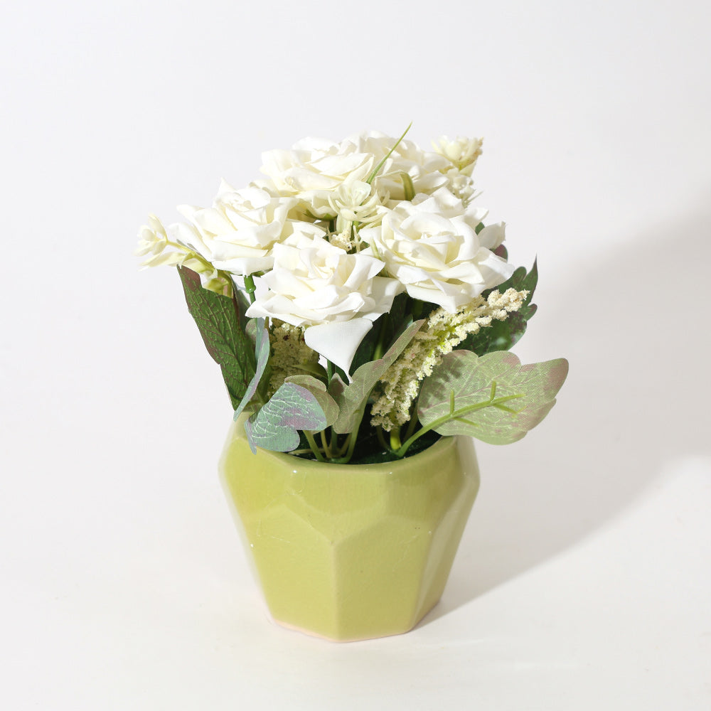 Roses Artificial Potted Plant - White Yellow