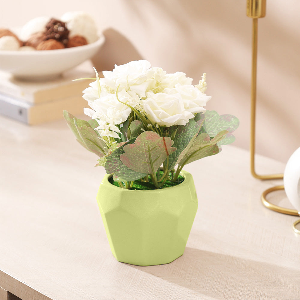 Roses Artificial Potted Plant - White Green