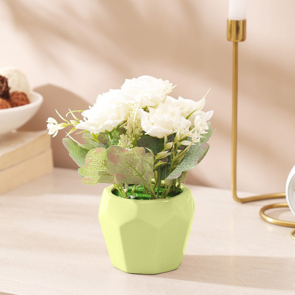 Roses Artificial Potted Plant - White Green