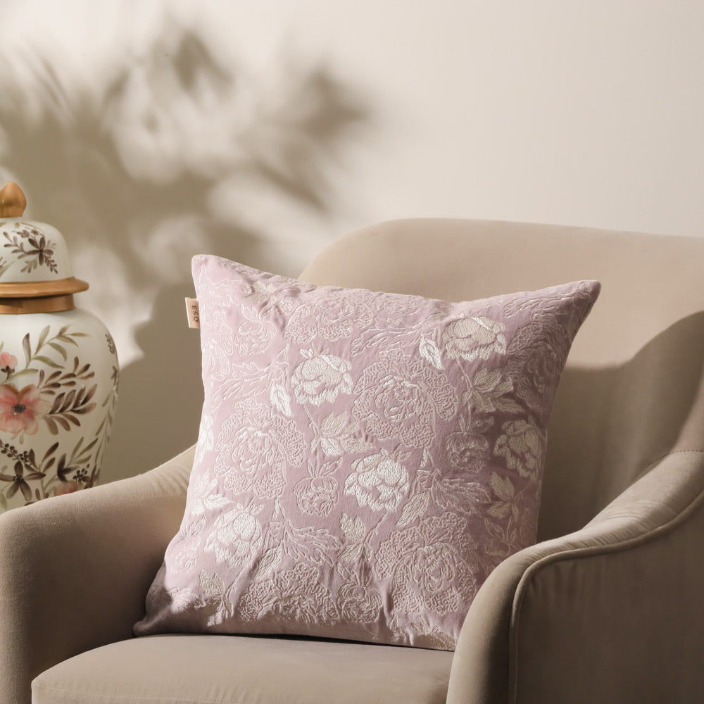 Rosette Velvet Embroidered Cushion Cover - Mauve