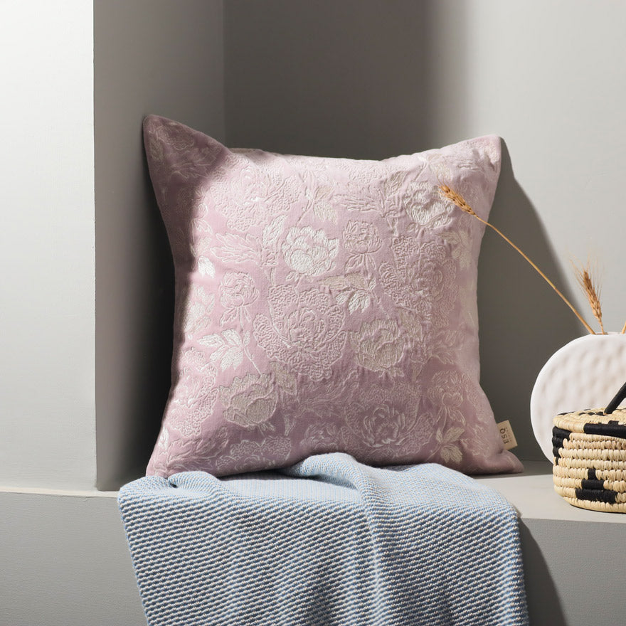 Rosette Velvet Embroidered Cushion Cover - Mauve