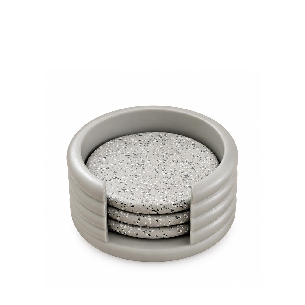 Round Concrete Coasters with Holder, Set of 4 - Speckled Grey