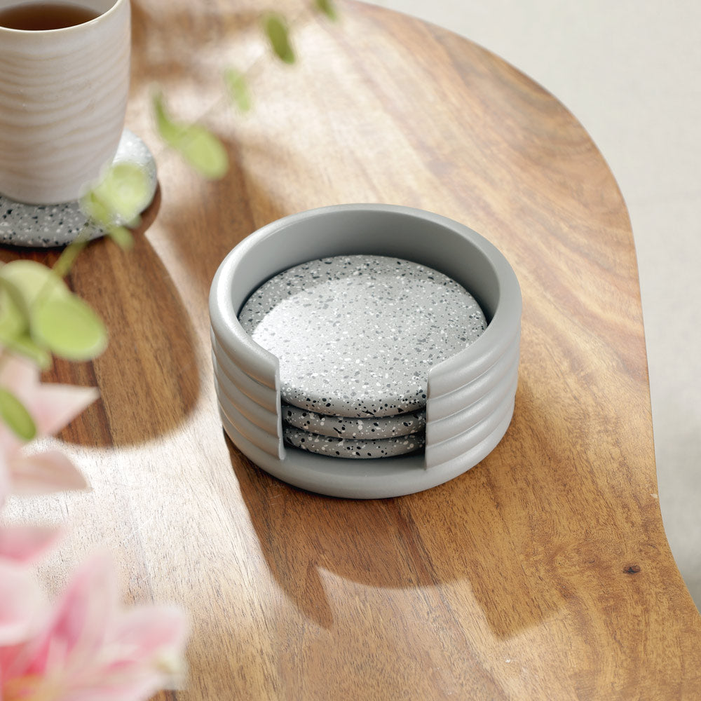 Round Concrete Coasters with Holder, Set of 4 - Speckled Grey