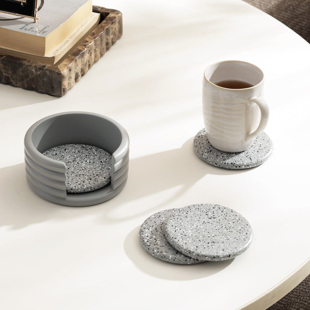 Round Concrete Coasters with Holder, Set of 4 - Speckled Grey
