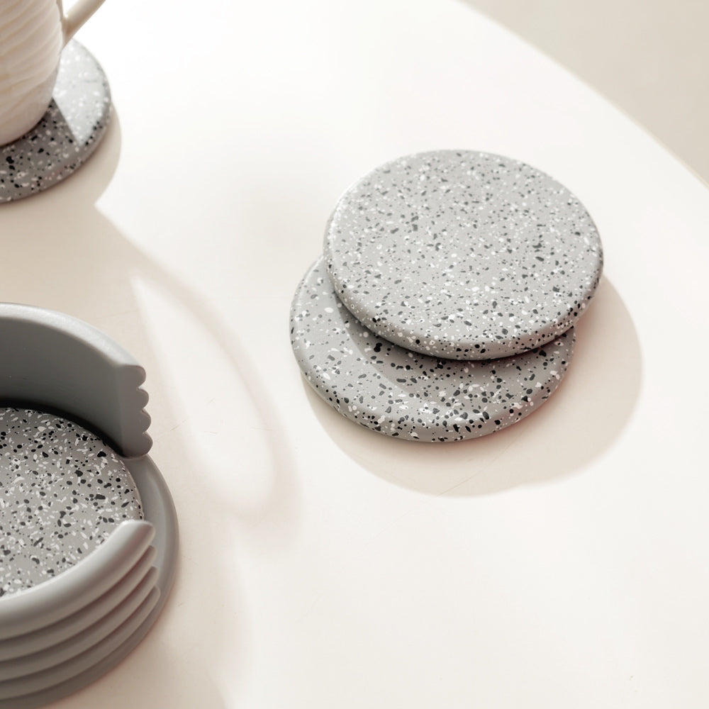 Round Concrete Coasters with Holder, Set of 4 - Speckled Grey