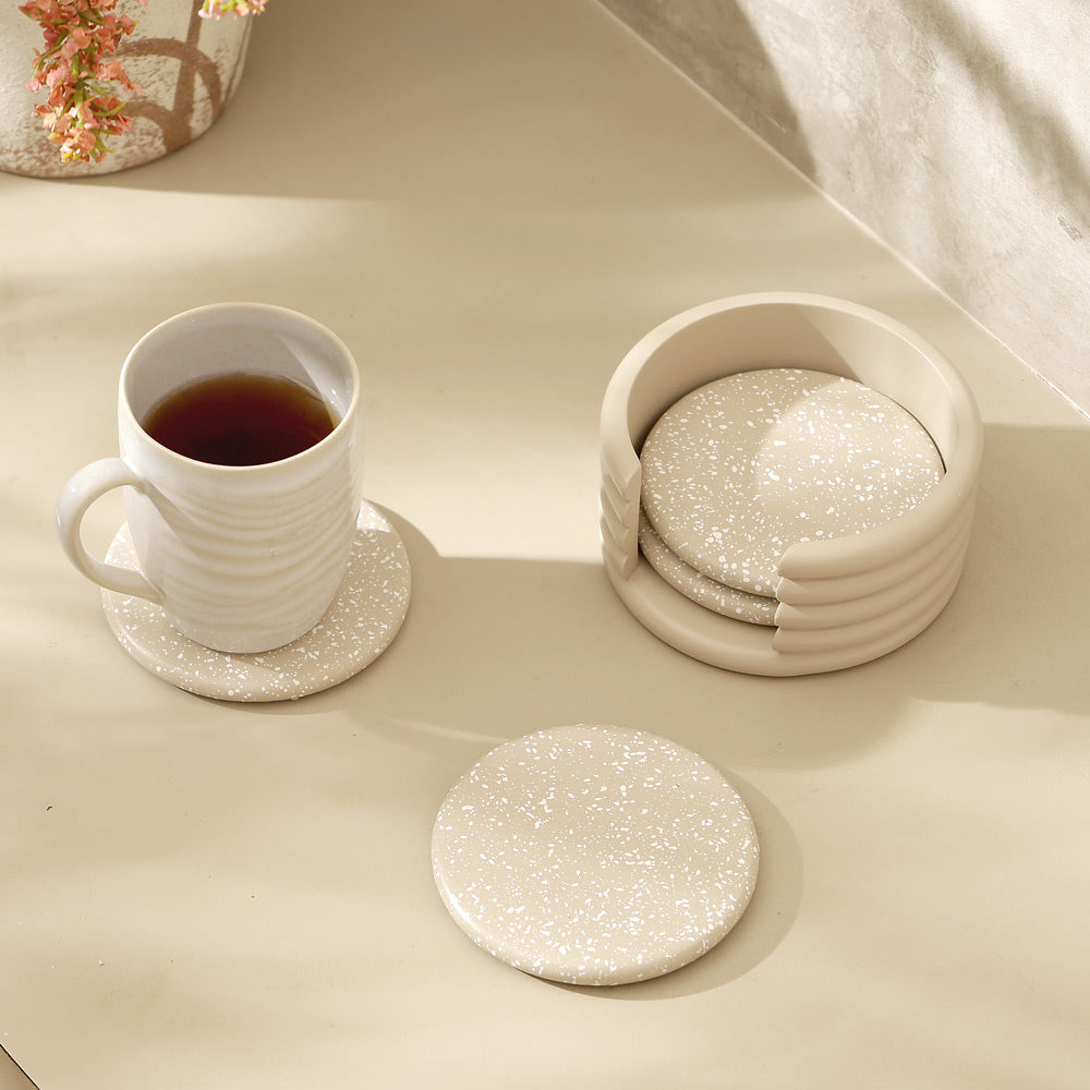 Round Concrete Coasters with Holder, Set of 4 - Speckled Taupe