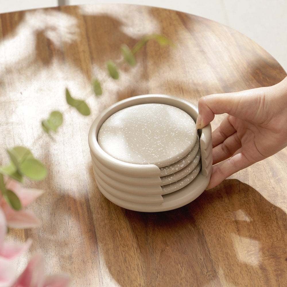 Round Concrete Coasters with Holder, Set of 4 - Speckled Taupe