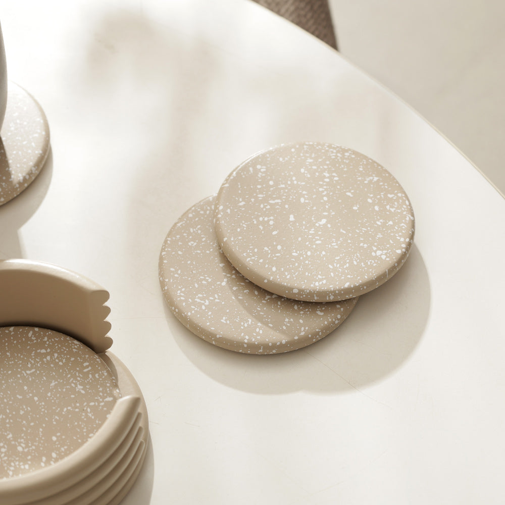 Round Concrete Coasters with Holder, Set of 4 - Speckled Taupe