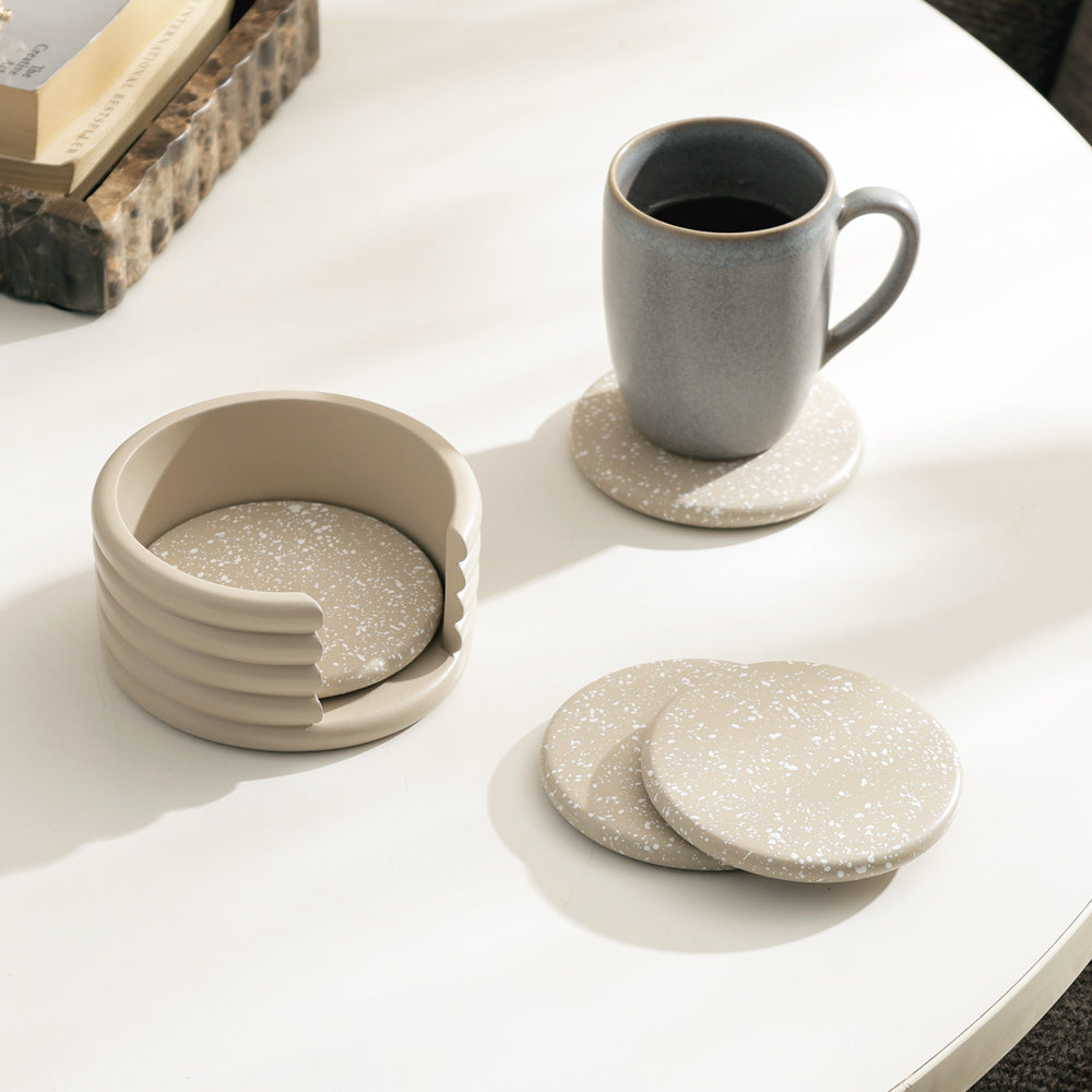 Round Concrete Coasters with Holder, Set of 4 - Speckled Taupe