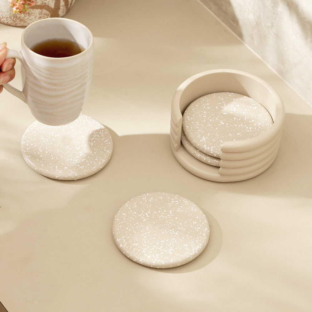 Round Concrete Coasters with Holder, Set of 4 - Speckled Taupe