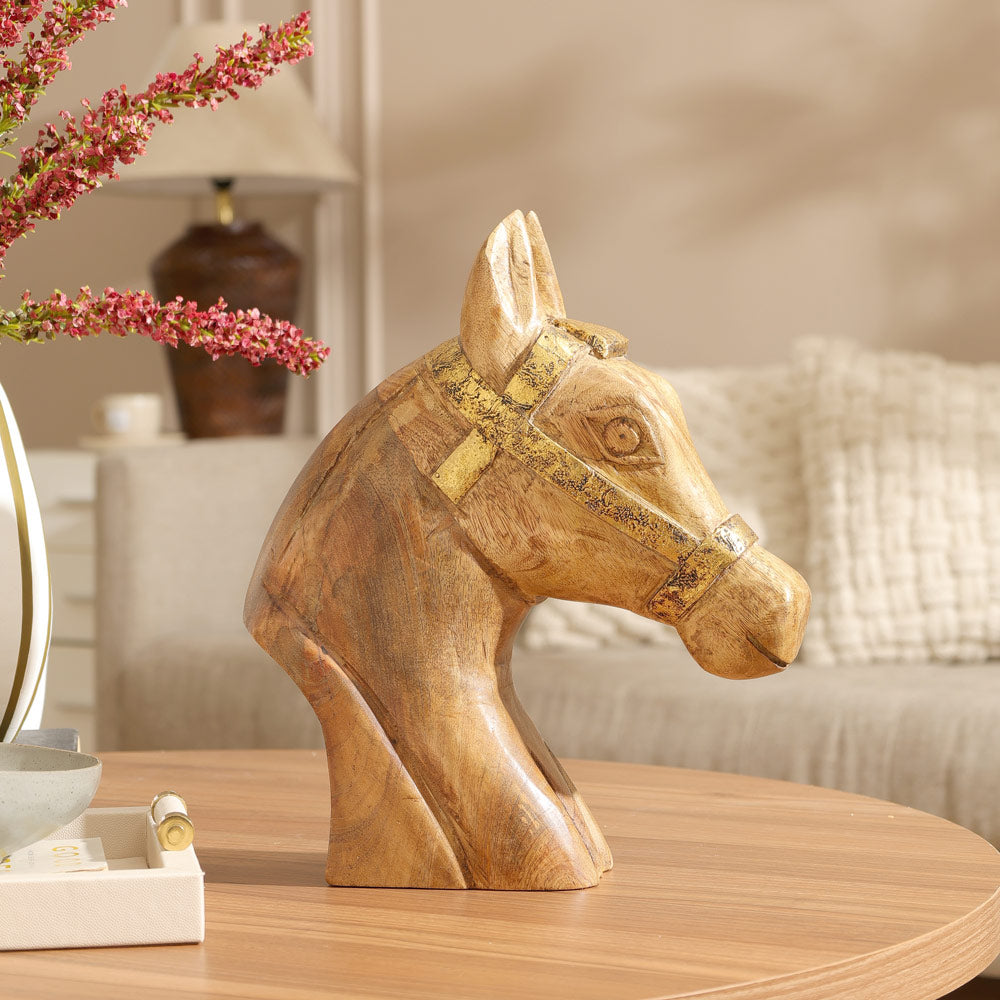 Royal Horse Mango Wood Bust - Natural Burn