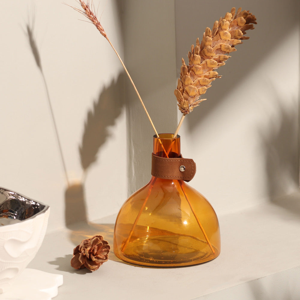 Russo Glass Vase with Leather Trim Medium - Mustard