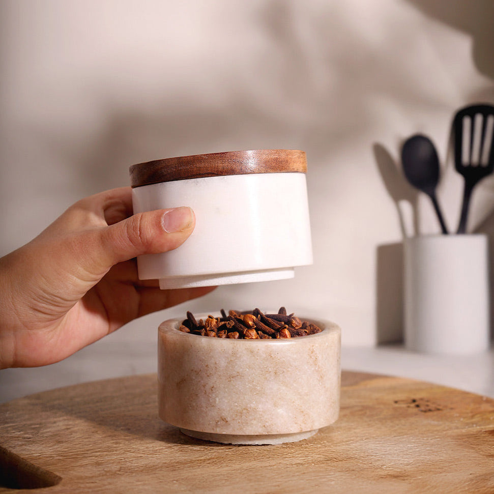 Stacked Marble Condiment Jars - White & Beige