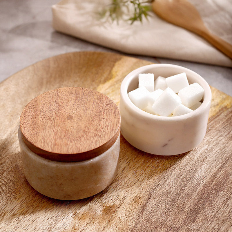 Stacked Marble Condiment Jars - White & Beige