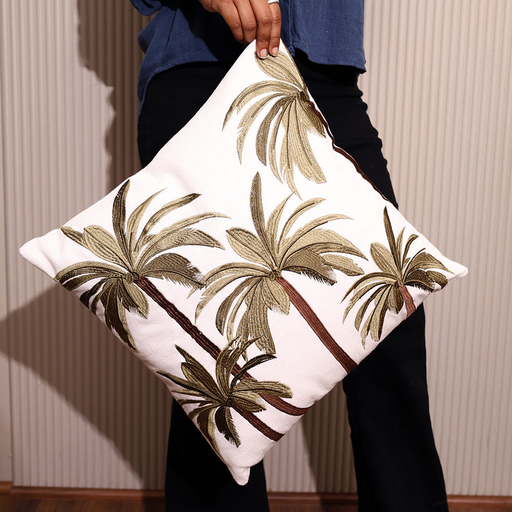 Palm Jungle Embroidered Cushion Cover 45x45cm - Green Brown