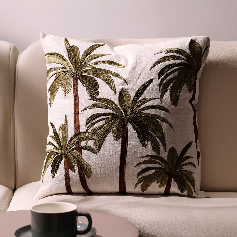 Palm Jungle Embroidered Cushion Cover 45x45cm - Green Brown