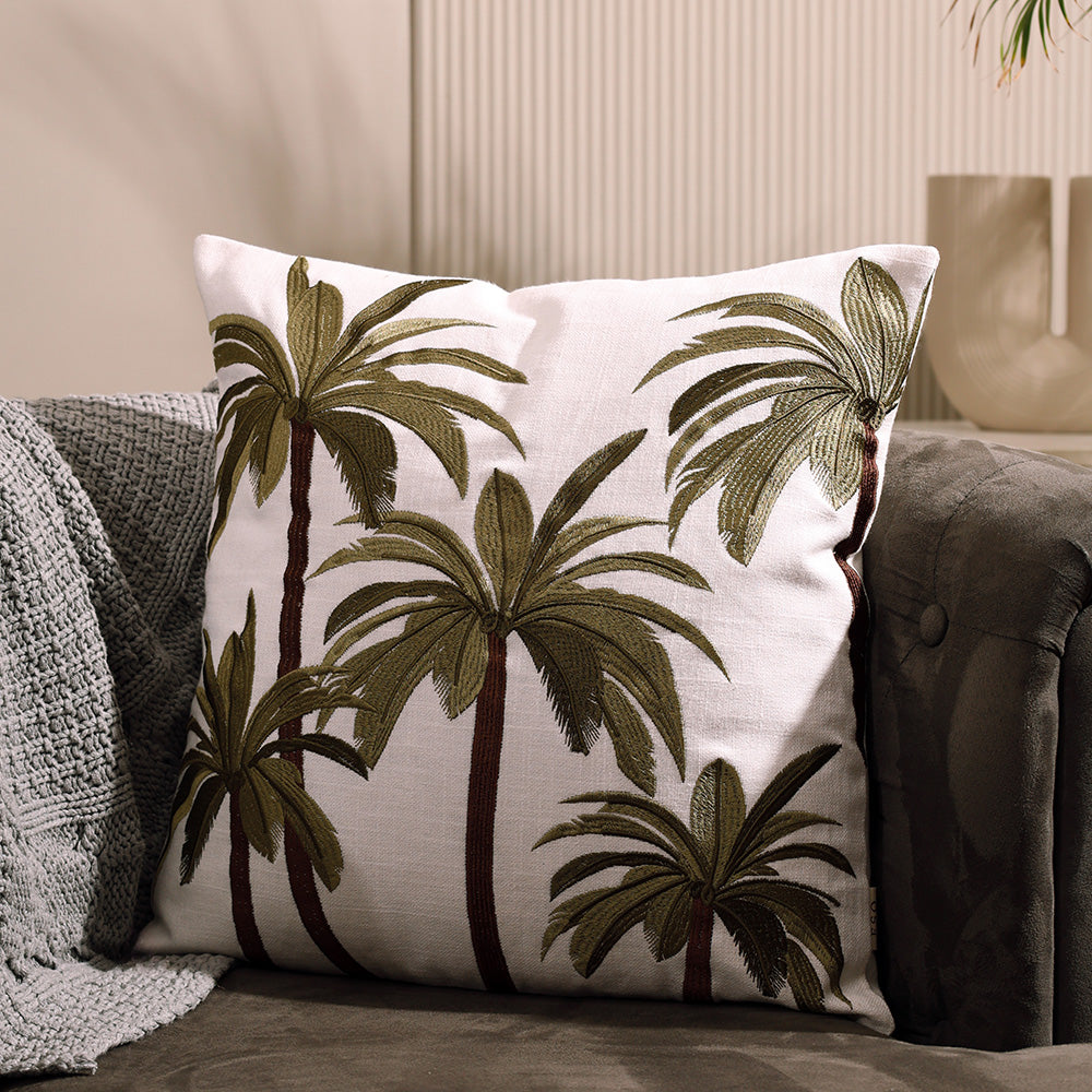 Palm Jungle Embroidered Cushion Cover 45x45cm - Green Brown