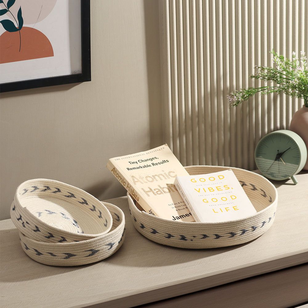 Sayu Corded Storage Baskets, Set of 3 - Cream Blue