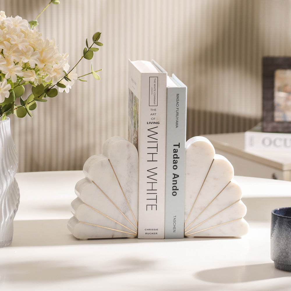 Scallop Marble Bookends with Gold Inlay - White