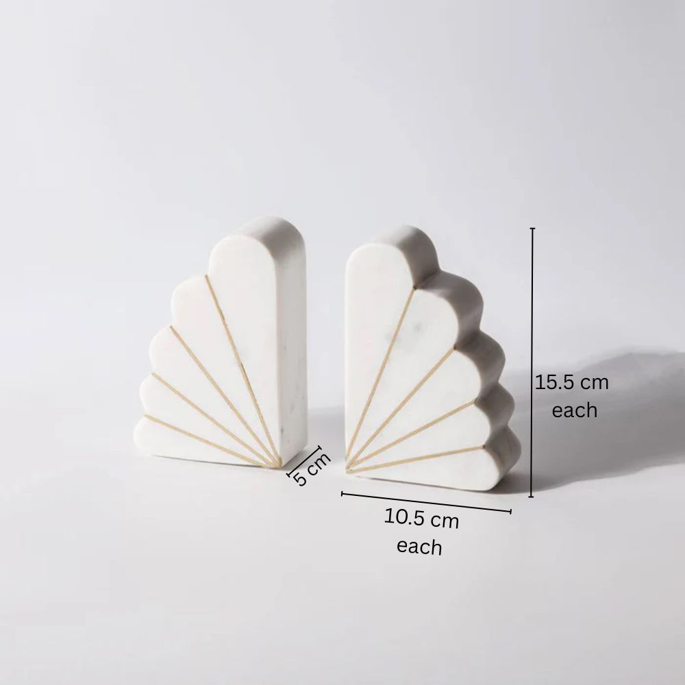 Scallop Marble Bookends with Gold Inlay - White