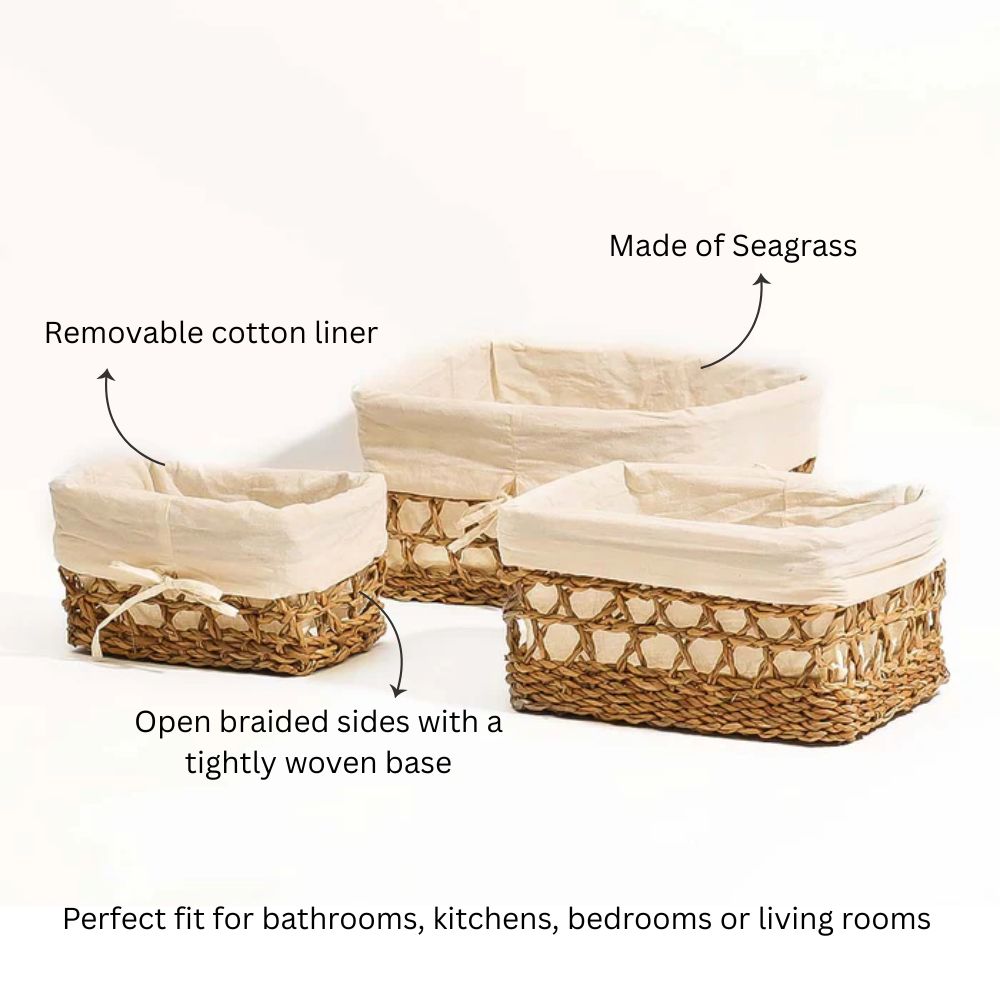 Seagrass Braided Lined Storage Baskets Tall, Set of 3 - Natural