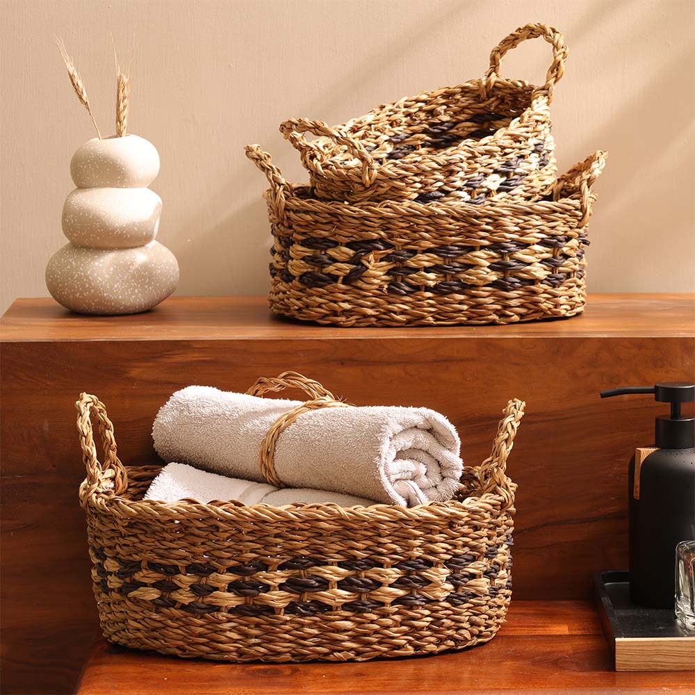 Seagrass Checkered Oval Storage Baskets, Set of 3 - Natural Black