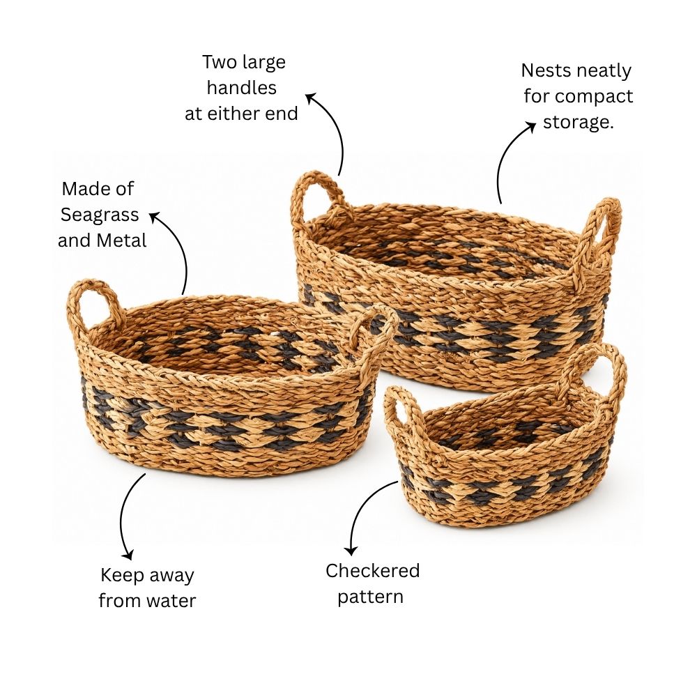 Seagrass Checkered Oval Storage Baskets, Set of 3 - Natural Black