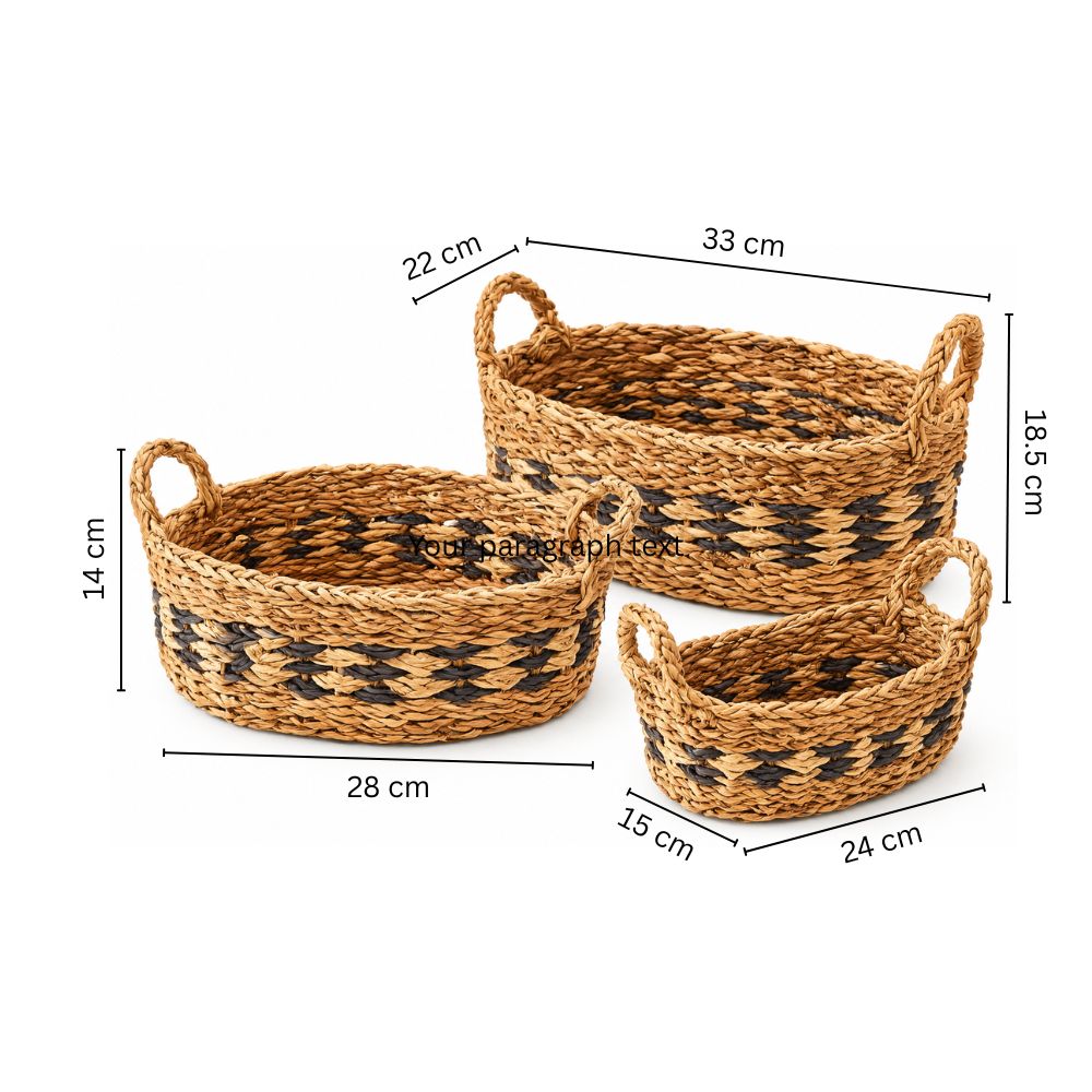 Seagrass Checkered Oval Storage Baskets, Set of 3 - Natural Black